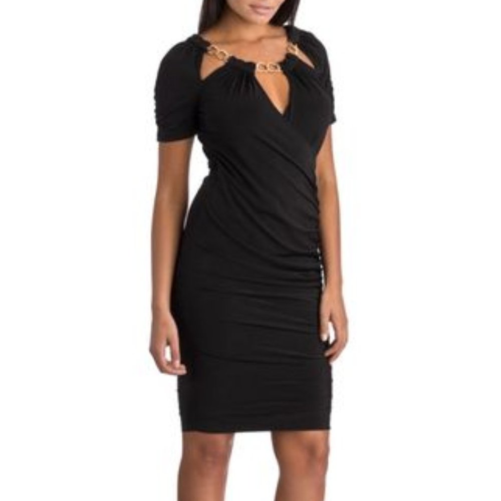 Marisa Kenson Black Stretch Spandex Cut-Out Crossover Front Midi Dress - S NWT